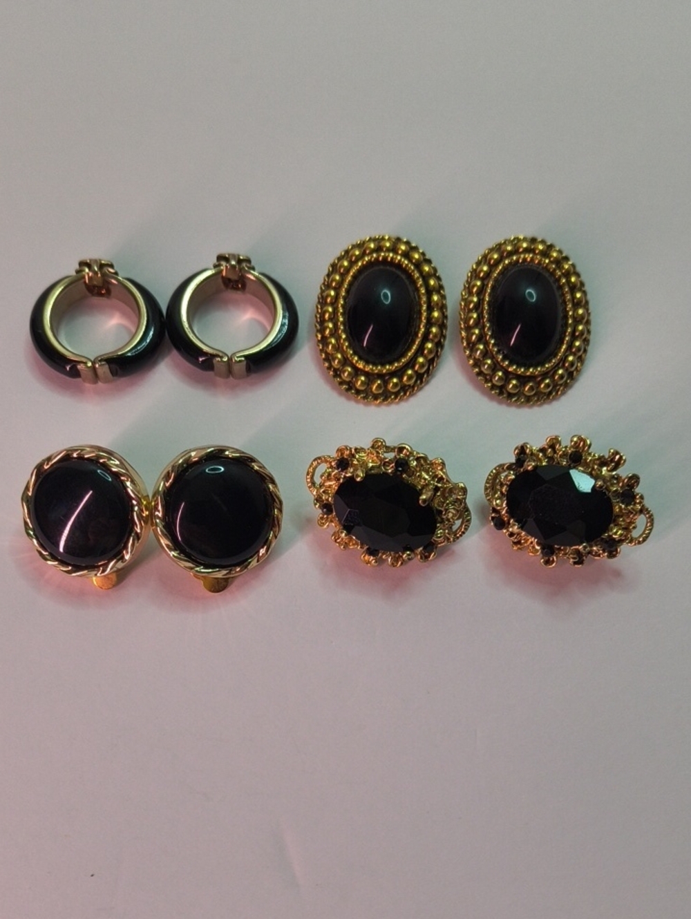 VTG Clip On Classic Black and Gold Women's Earrings Set - 4 Pairs
